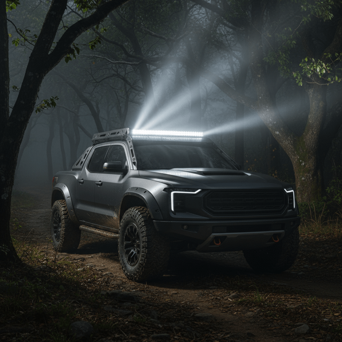 Truck with integrated LED light bar on a misty forest trail at night.