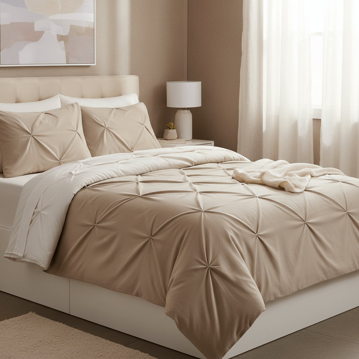 Budget-friendly microfiber comforter with elegant pintuck diamond texture on a bed.