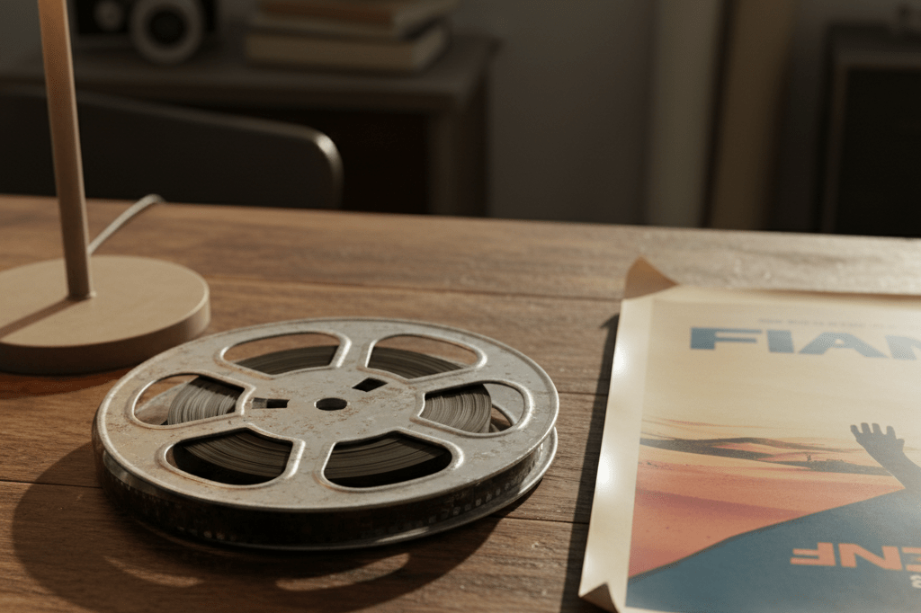 Medium shot of a weathered film reel and corner of a faded movie poster on a desk under warm ambient light