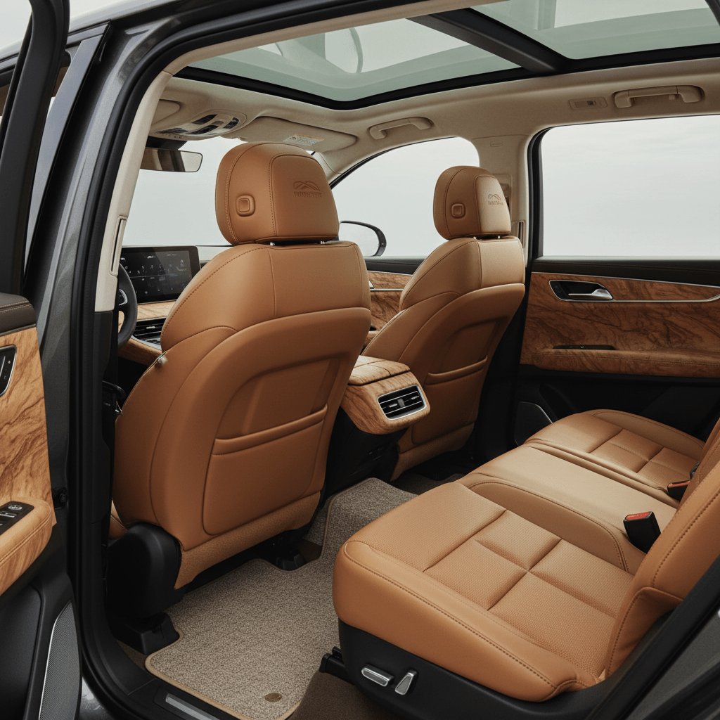 Luxury SUV interior with sustainable materials and warm earth tones. Spacious luxury SUV interior with vegan apple leather and reclaimed wood trims.