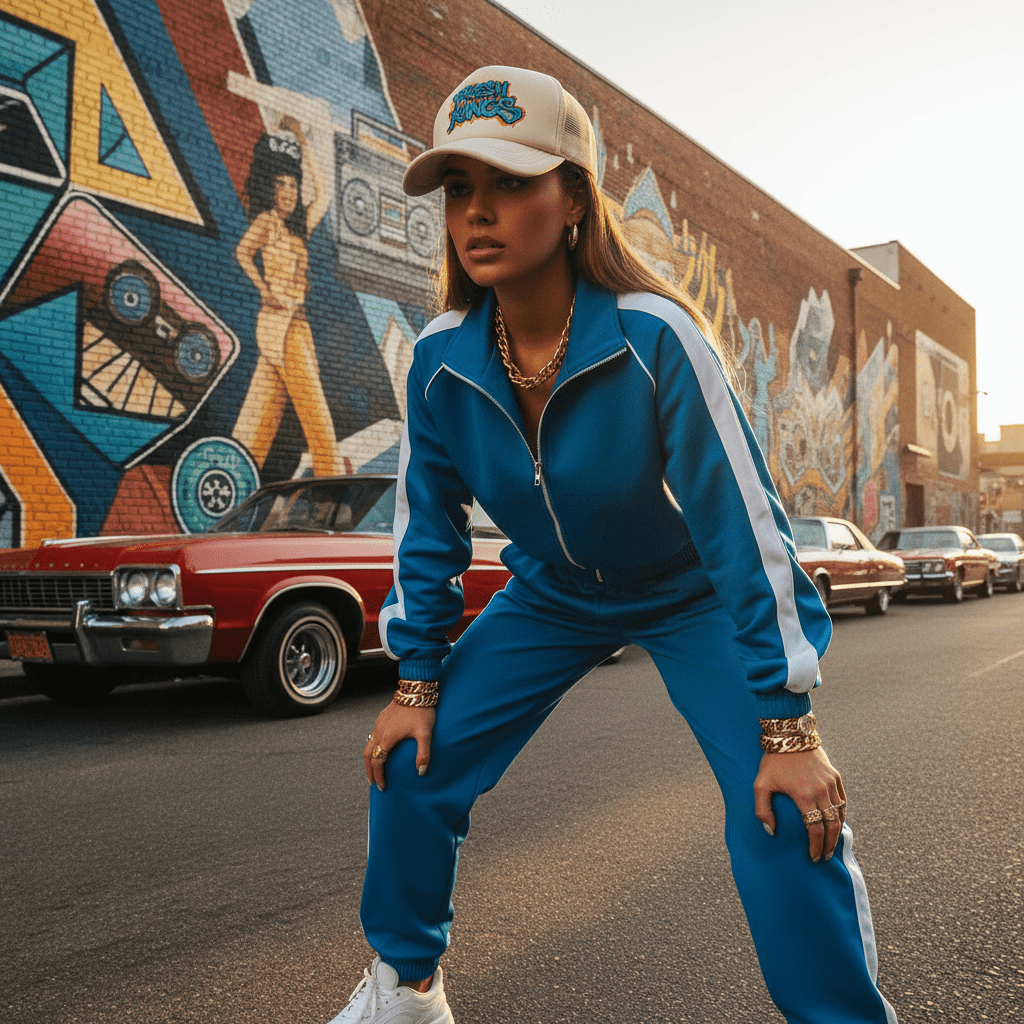 Model in mesh-back trucker hat and tracksuit under golden hour city light.