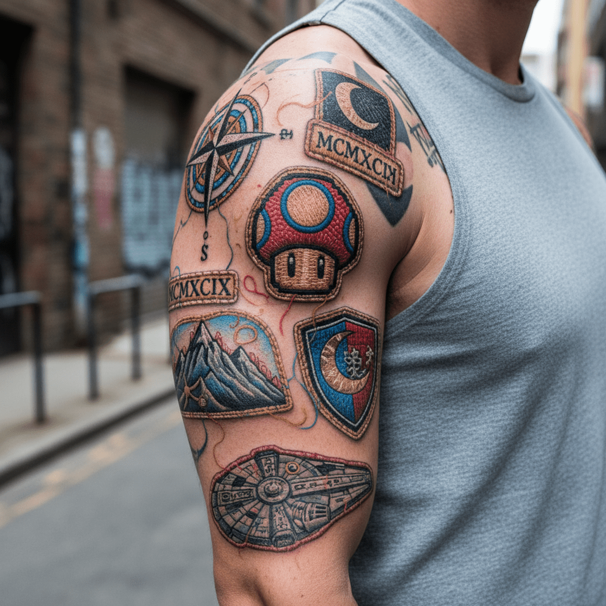Man's arm with hyper-realistic embroidered tattoo patches mimicking fabric.