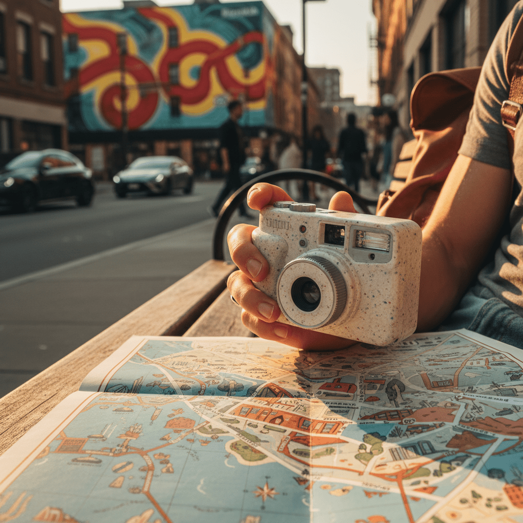 Guest hand holds disposable camera on urban street with a sunlit textured map.