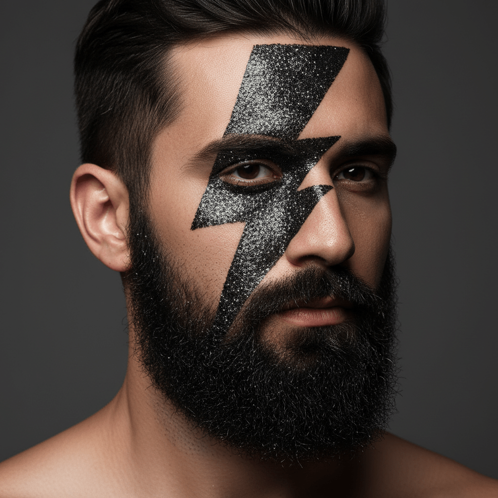 Man with black glitter beard and silver lightning stencil design.