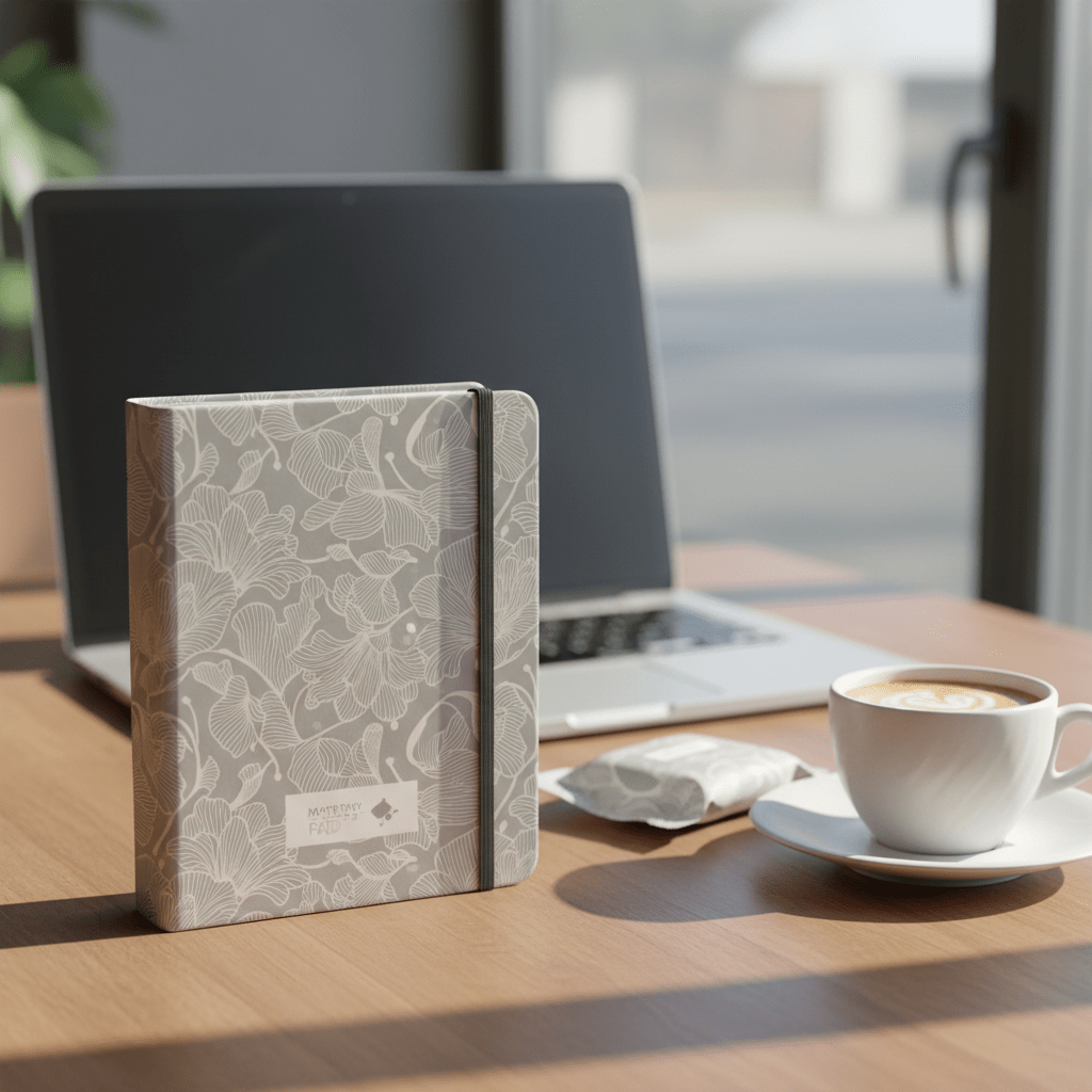 Premium maternity pad packaging styled as a matte hardcover notebook on a cafe table.
