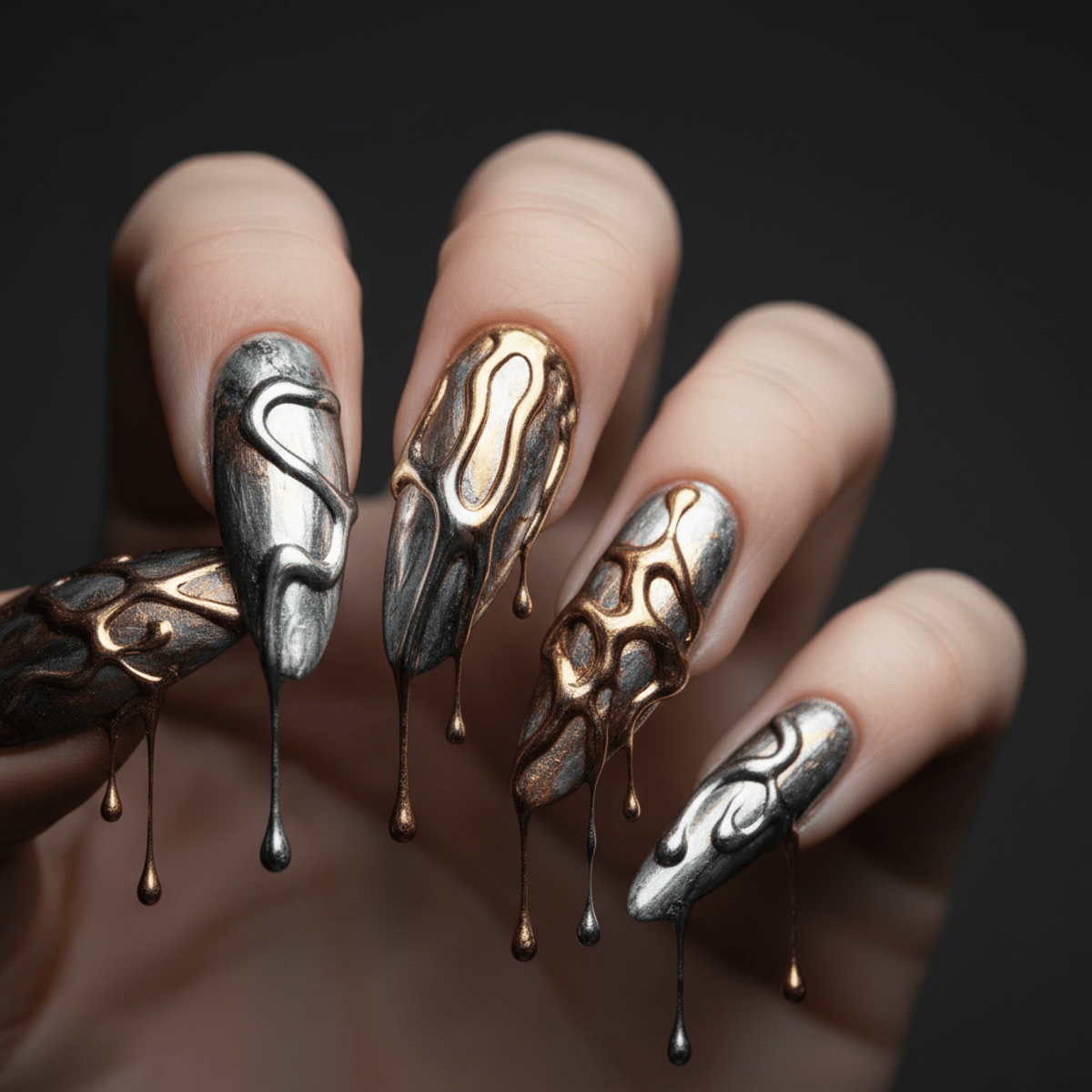 Avant-garde nail art with liquid metal drips in silver, gold, and copper.