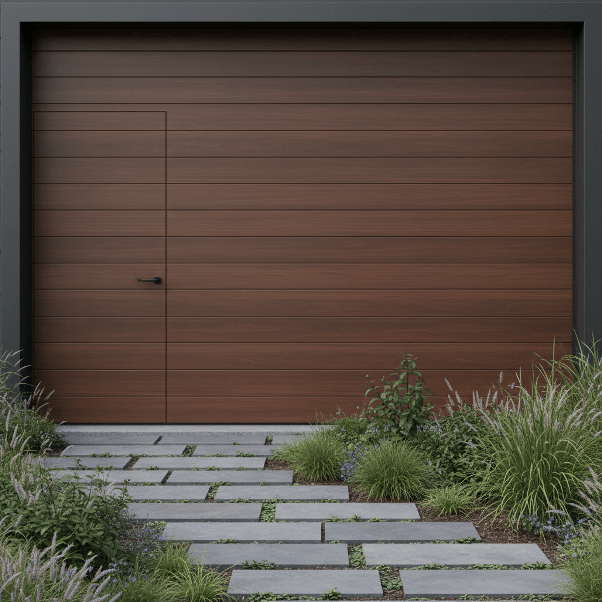 Contemporary wood-composite garage door with pedestrian entry and deep walnut finish.