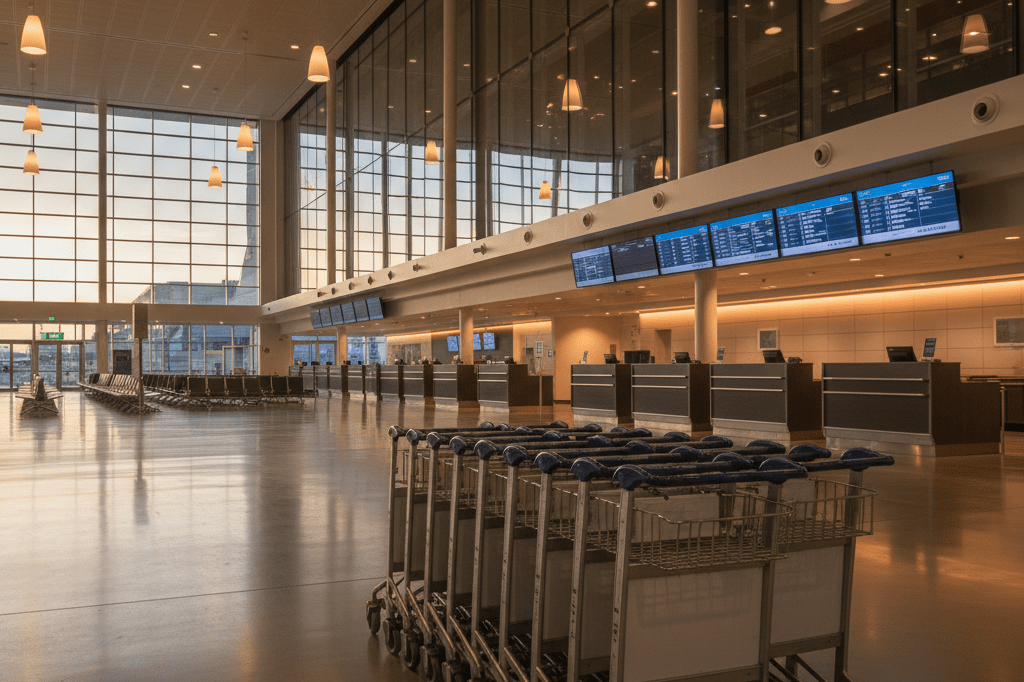 Deserted cruise terminal with glowing lights, conveying tranquility amid operational pauses