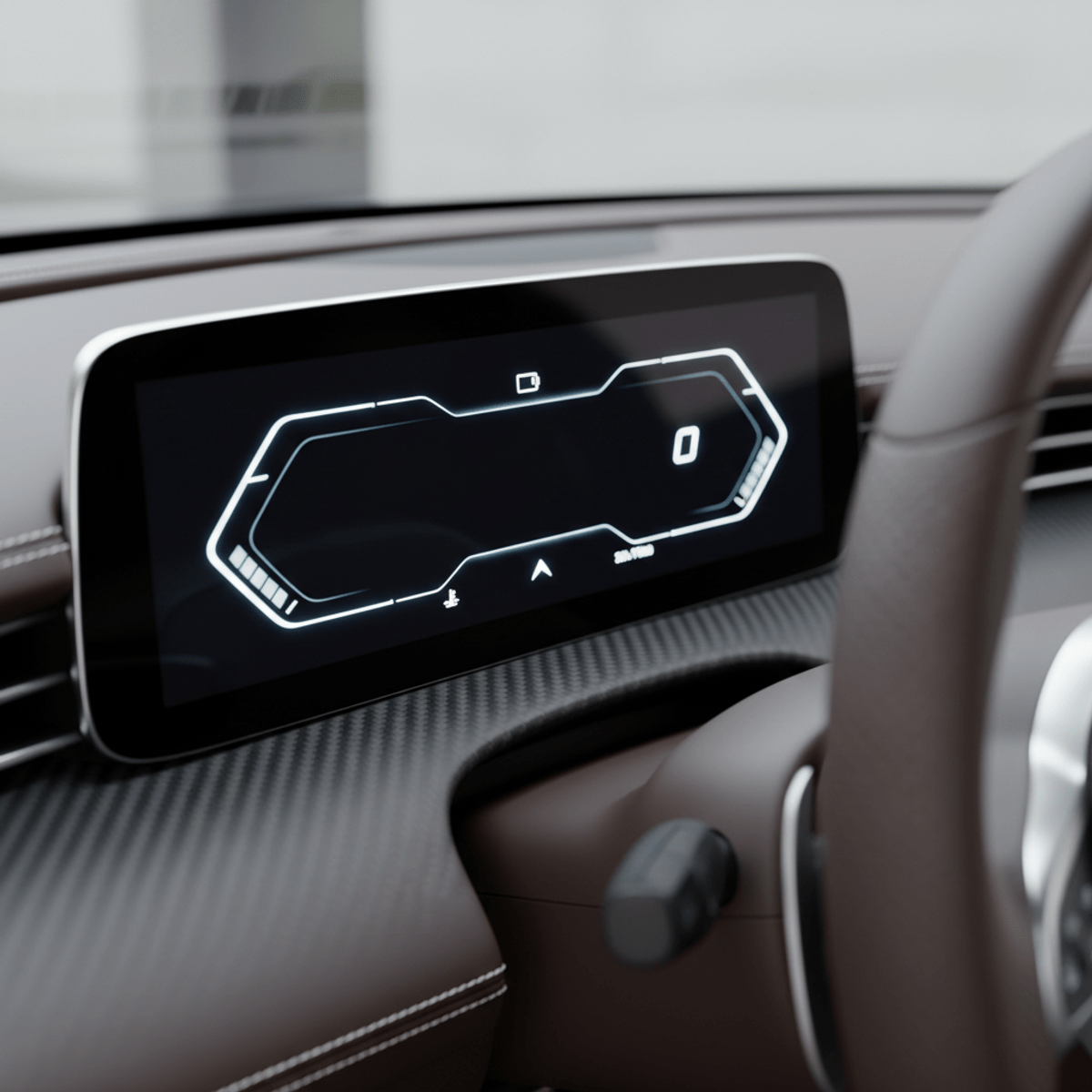 Sleek minimalist car dashboard gauge with luminous OLED graphics on matte carbon fiber.