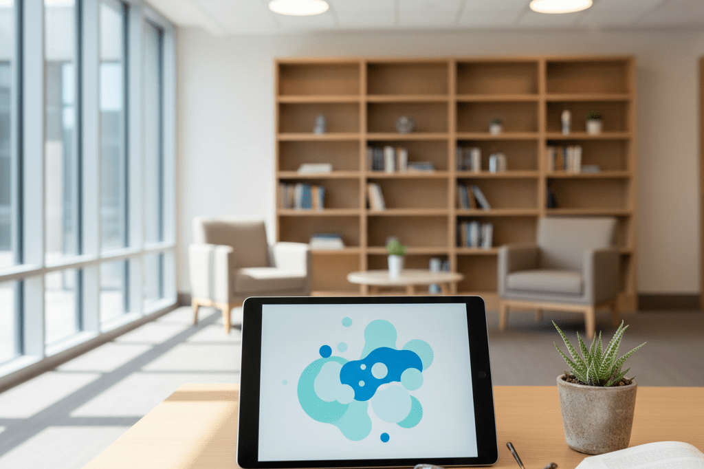 Medium shot of a tablet showing abstract brain-health visuals on a table in a bright eldercare space with reading glasses and a succulent