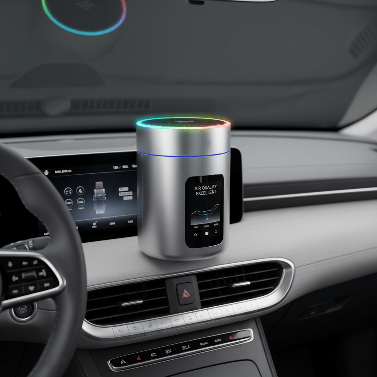Sleek car air purifier with LED ring on a modern vehicle dashboard.