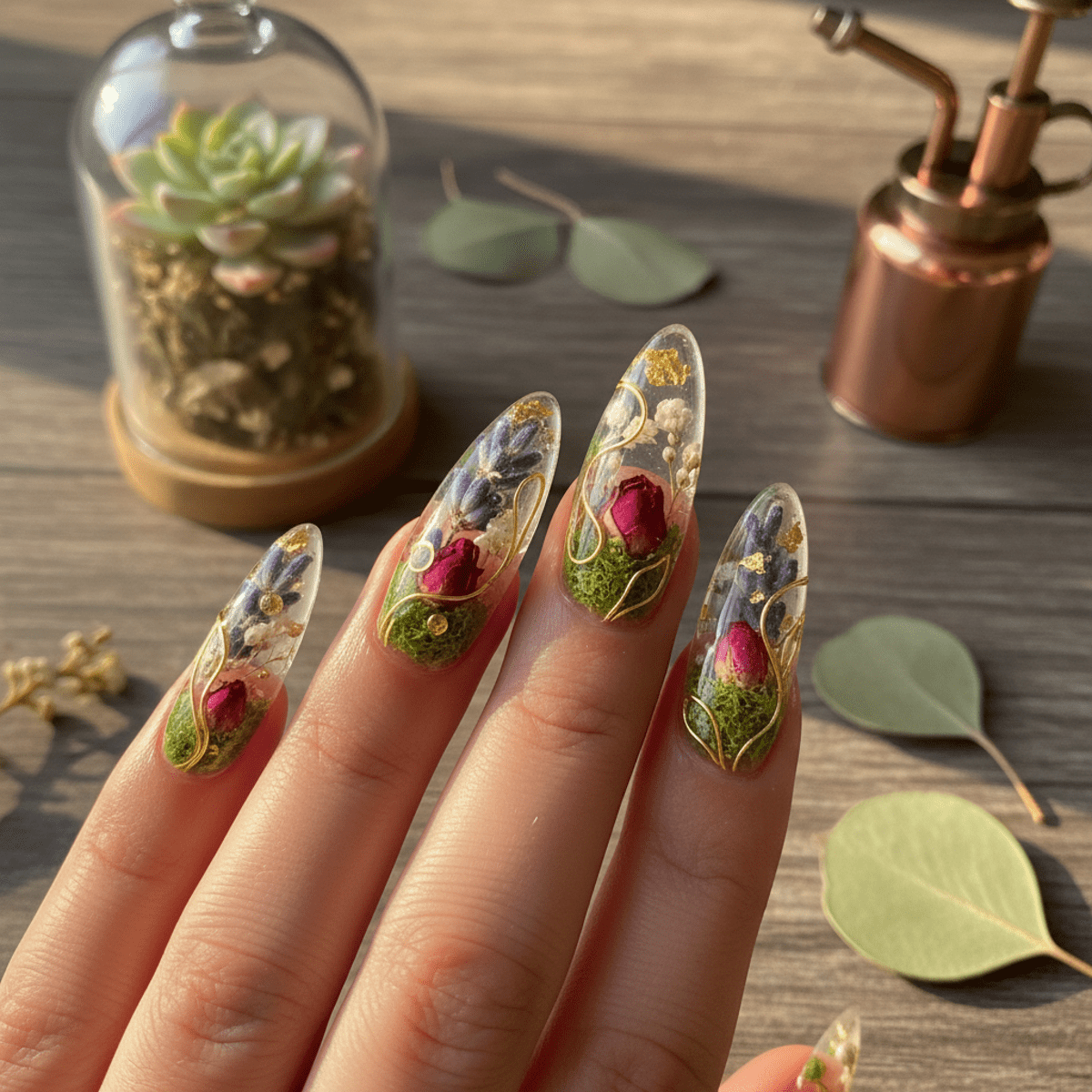 Acrylic nails feature a bio-sculptural terrarium with florals and moss.