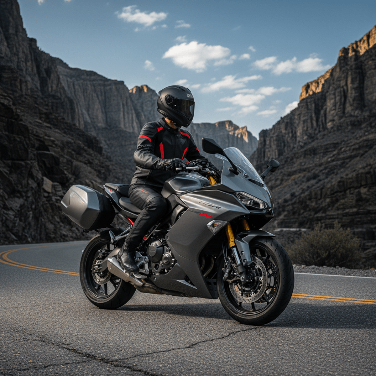 Sleek sport touring hybrid motorcycle on mountain road Sleek sport touring hybrid motorcycle parked on a winding mountain road, graphite finish.