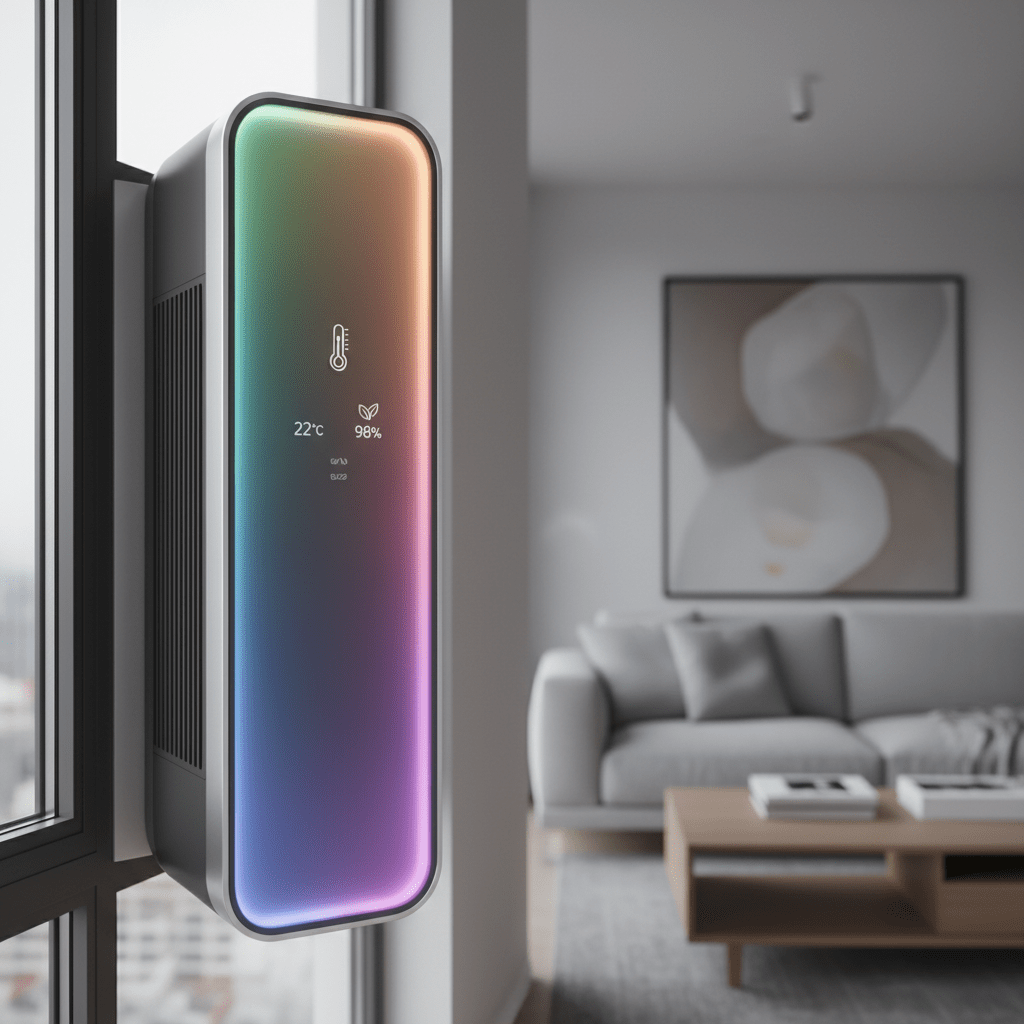 Sleek futuristic air conditioner with ambient LED display in a modern apartment window.