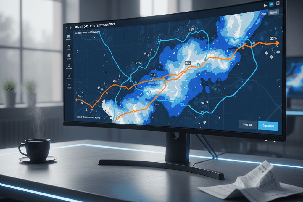 Control room desk with monitor showing abstract weather maps and automated delivery routes for supply chain resilience