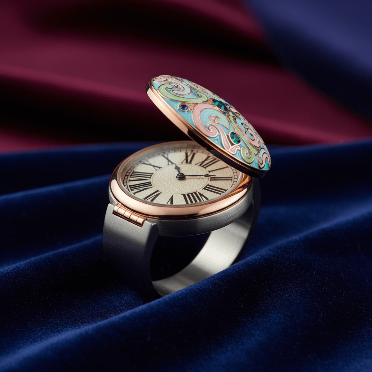 Contemporary ring watch with floral patterns, pastel enamel, and gemstones.