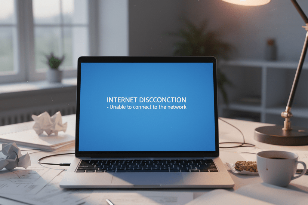 Modern office desk with laptop error screen and scattered items under warm ambient light, highlighting business continuity challenges