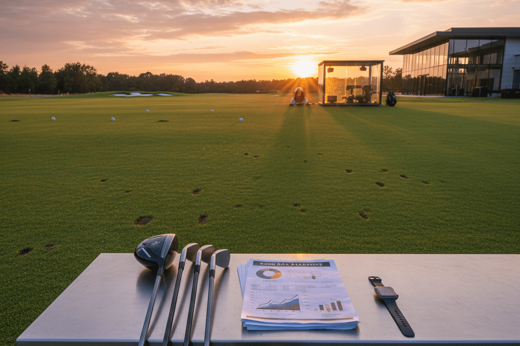 Wide shot of golf clubs, bench, and analytics tools in a serene evening practice space, highlighting advanced training ecosystems