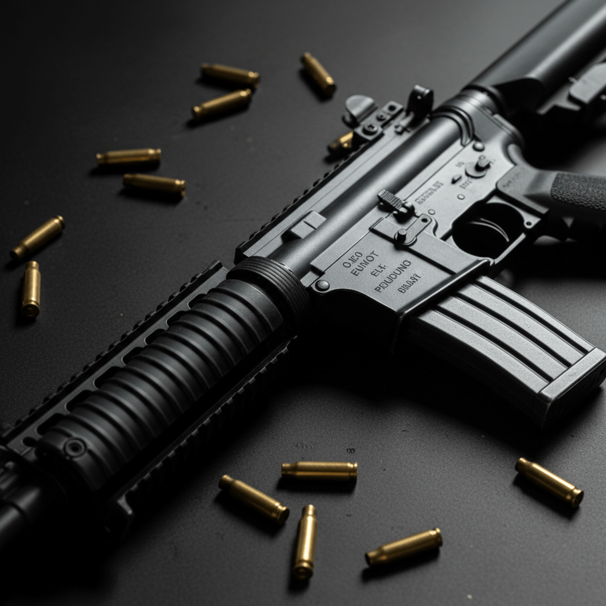 Realistic replica rifle on tactical surface with brass casings. Hyper-realistic replica assault rifle on a matte black surface with brass casings.