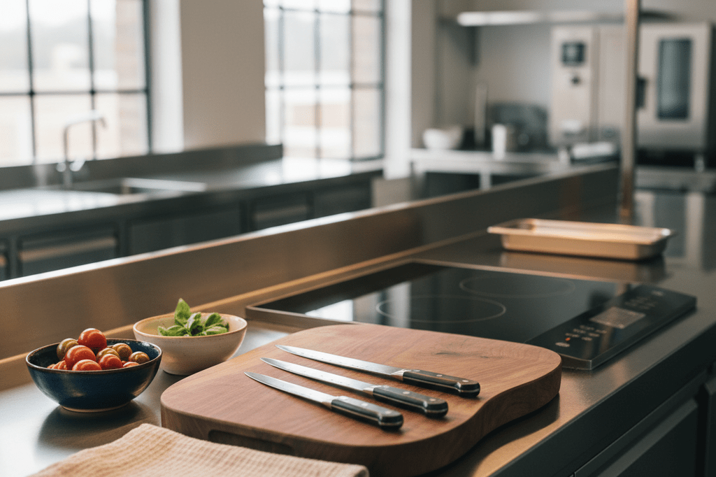 Medium shot of a stainless-steel commercial kitchen counter with induction cooktop, chef's knives, and fresh ingredients under natural studio lighting