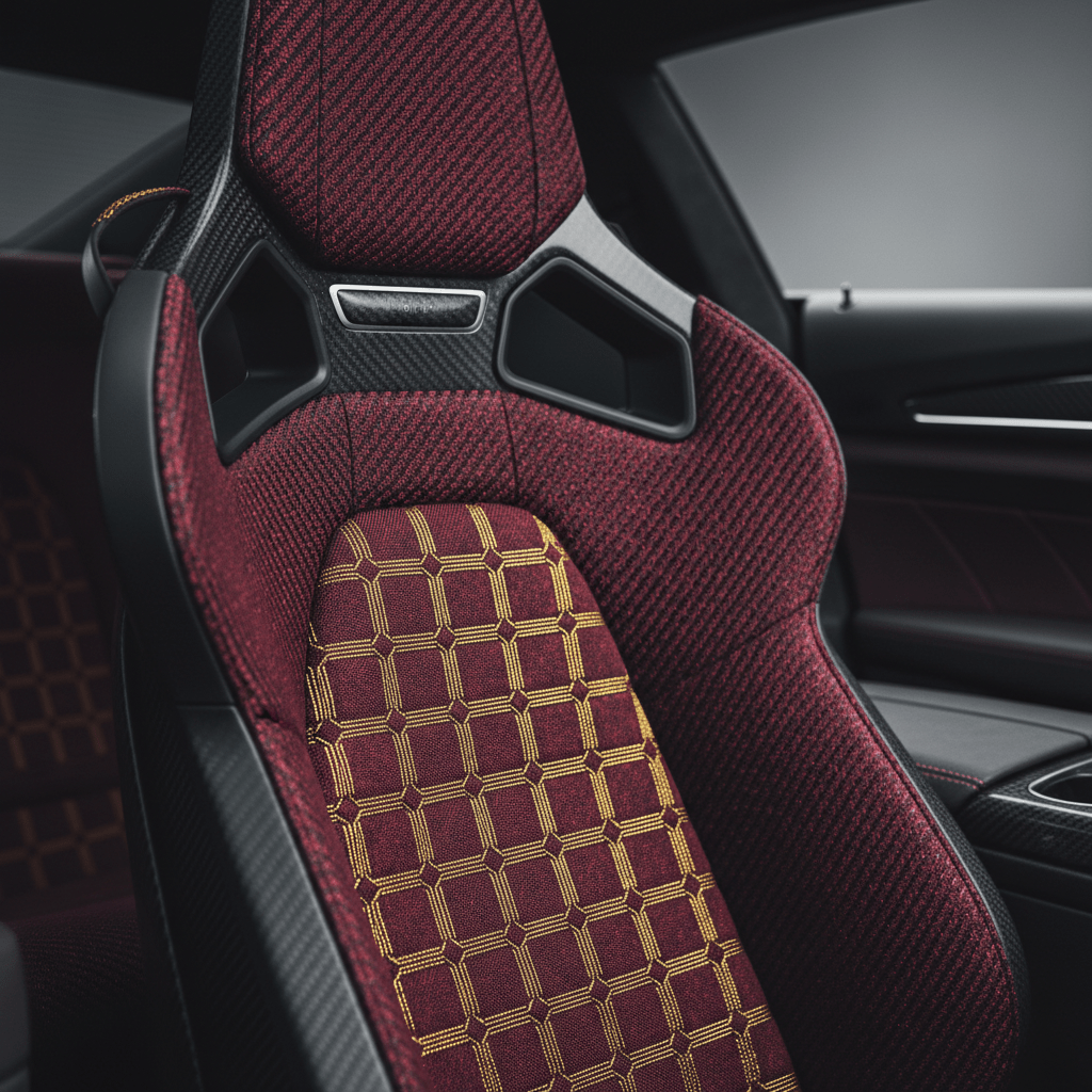 High-performance carbon bucket seat with crimson and gold threads, jewel-like iridescent finish.