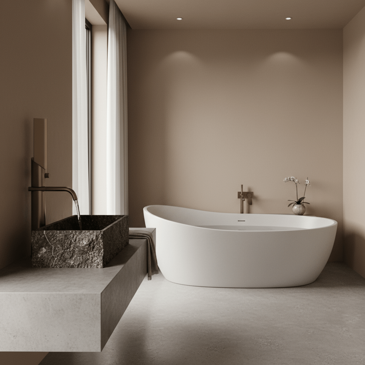 Sculptural bathroom design with granite sink and organic tub. Modern bathroom with dark granite vessel sink and asymmetric matte white tub.