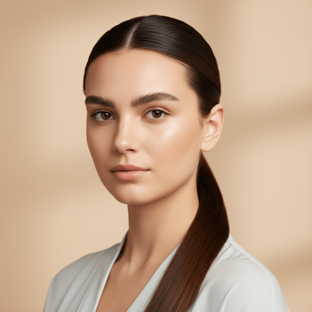 Young woman with smooth, symmetrical brows and sleek ponytail in soft daylight.
