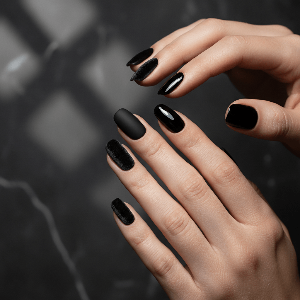 Elegant fingers with velvet matte black nails, one glossy accent nail.