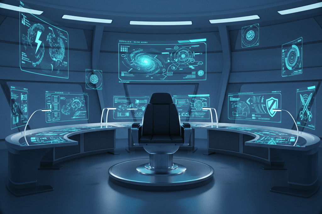 Wide shot of a high-tech command center with holograms and strategic elements under cool ambient light, emphasizing adaptability