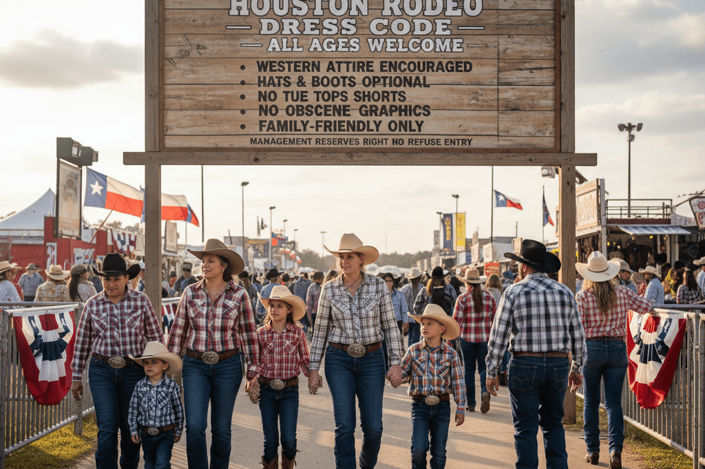 Wide shot of rodeo entrance with dress code sign and families in casual western attire under natural light
