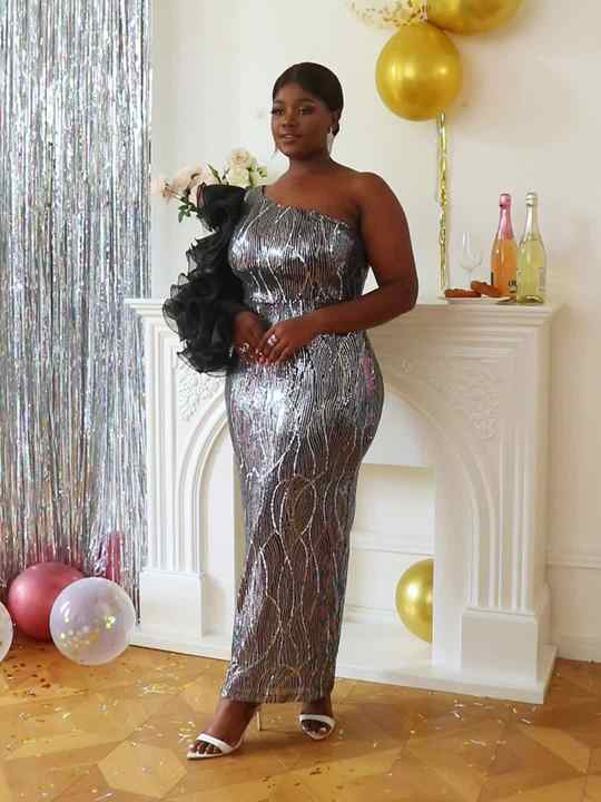 long sleeve one shoulder sequin dress One Shoulder Long Sleeve Fitted Sequin Gown 6 / Black