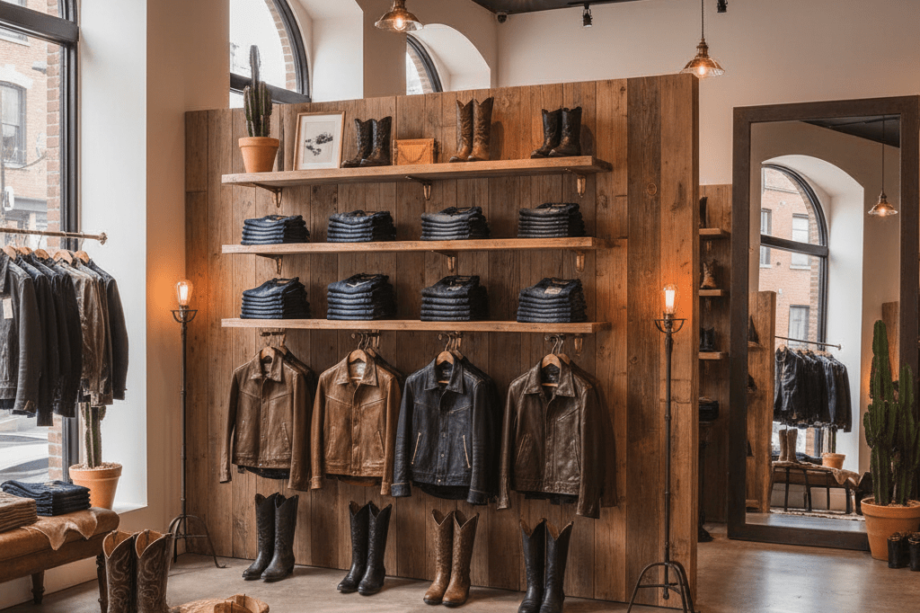 Rustic retail display showcasing premium denim, leather jackets, and cowboy boots under warm natural lighting, reflecting modern western fashion trends