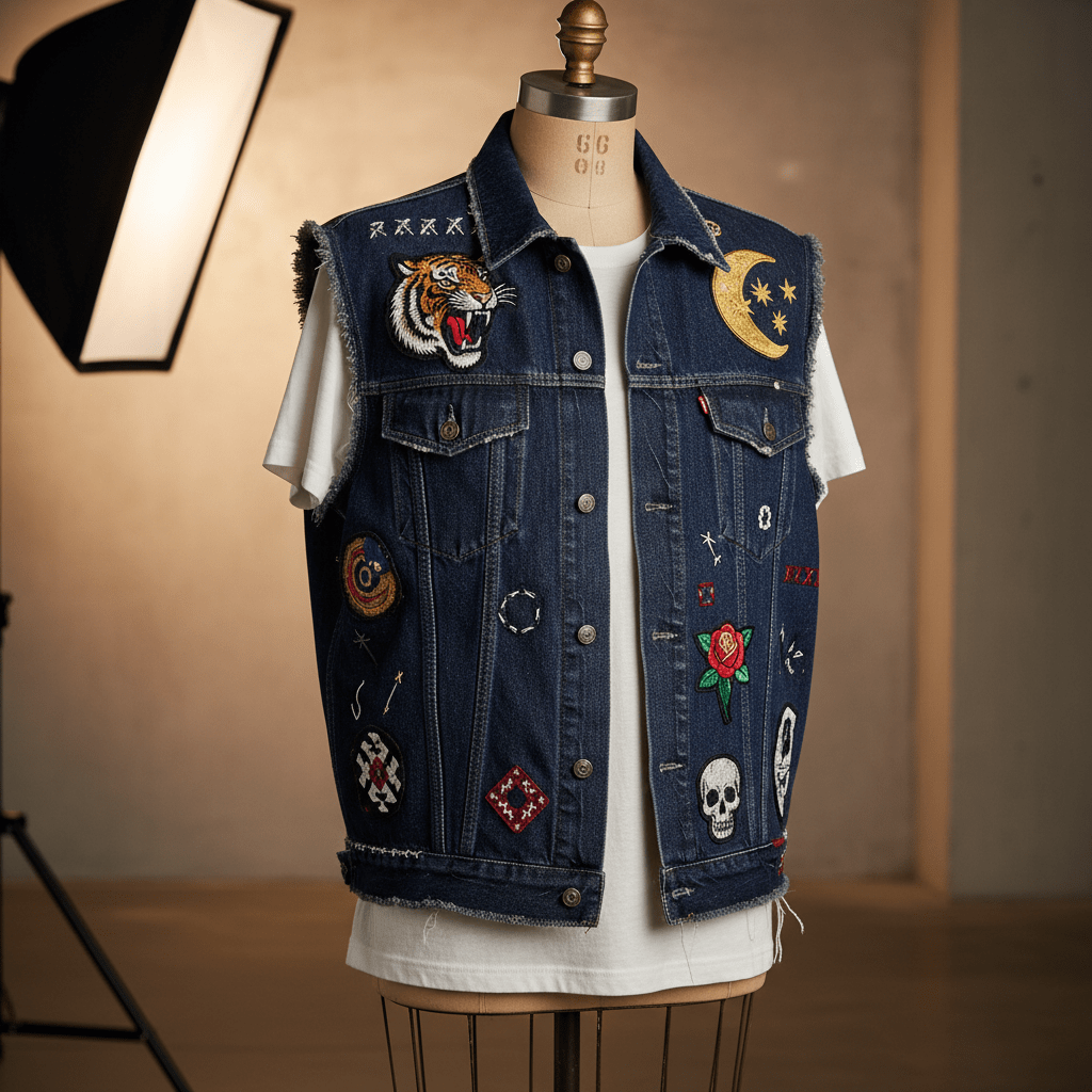 Oversized indigo denim vest with raw edges and embroidered patches.
