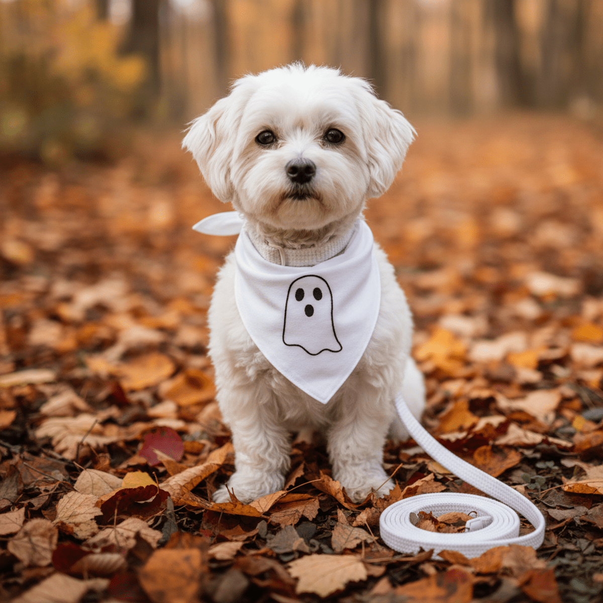 Small dog in white organic cotton bandana with ghost, sits on autumn leaves.