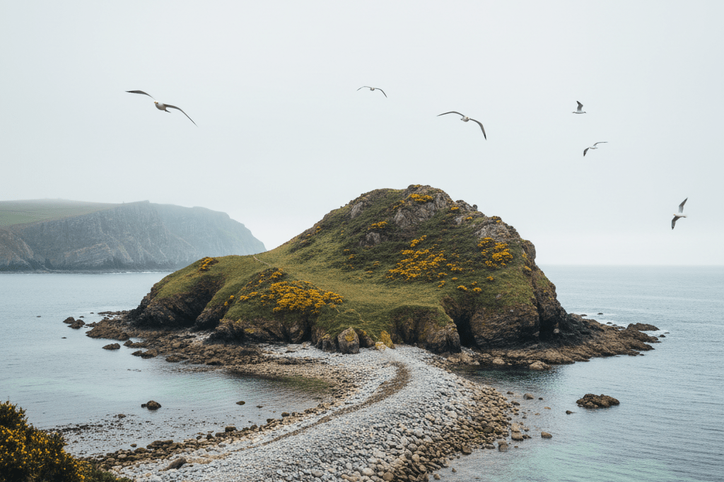 A secluded green island connected by a narrow pebbled causeway at low tide, surrounded by rugged cliffs and sea under soft overcast light