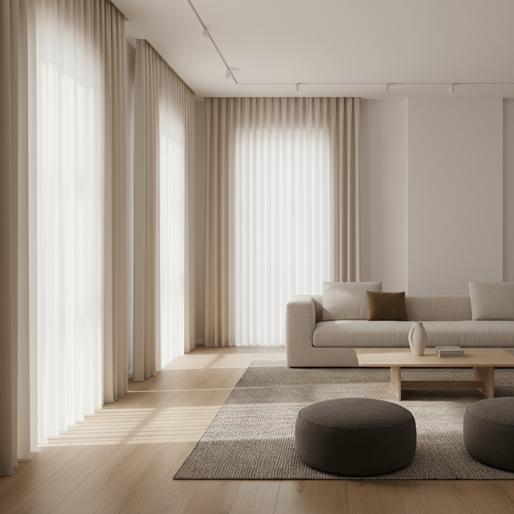 Modern living room with soft, off-white S-fold curtains. Luxurious off-white S-fold curtains in a contemporary living room with hidden ceiling tracks.