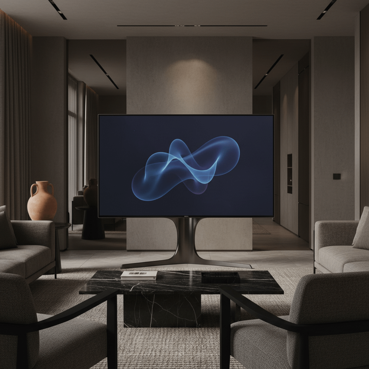 Sleek television on sculptural stand in modern hotel lounge with minimalist decor.