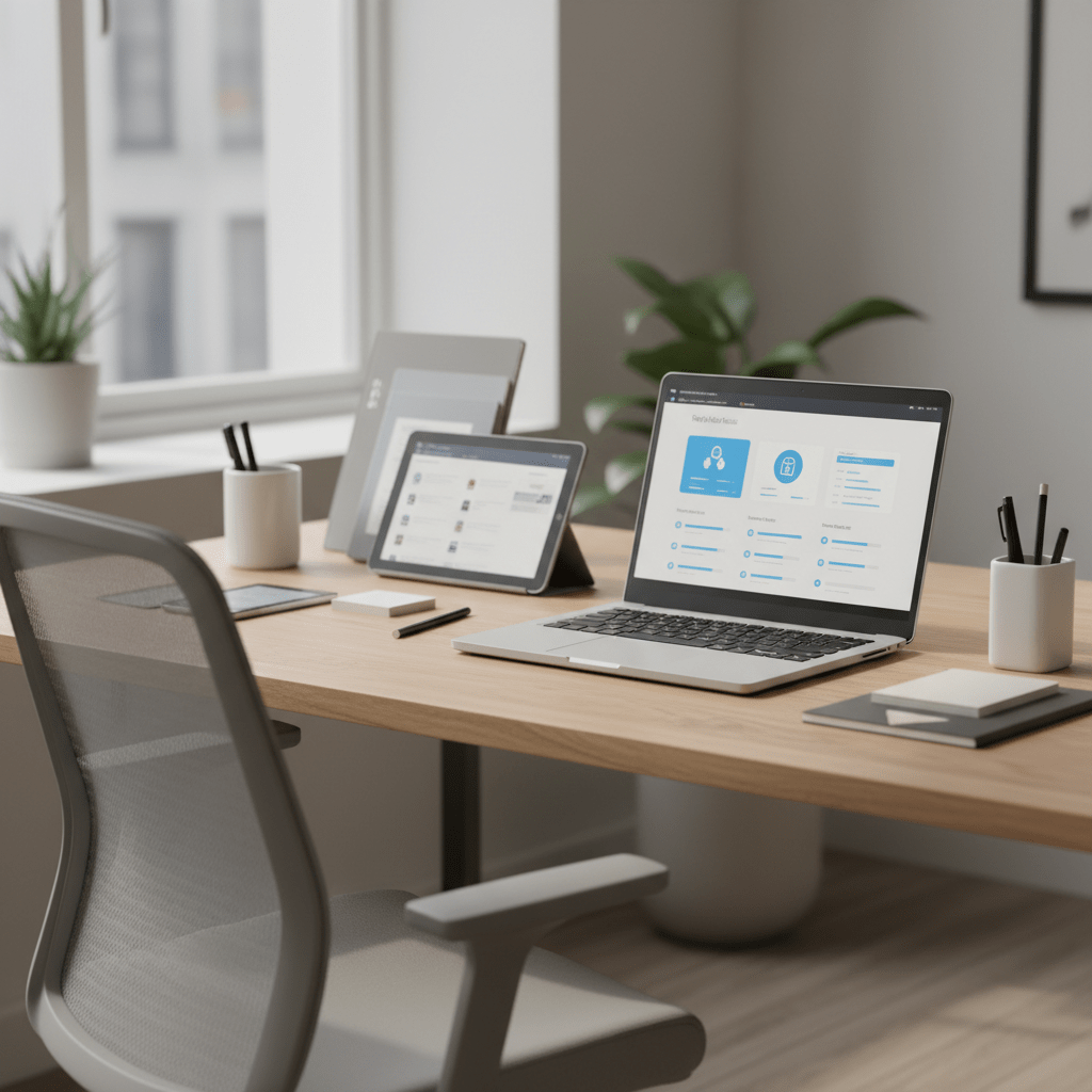 Minimalist office corner with budget laptop, light wood desk, and organized handbooks.