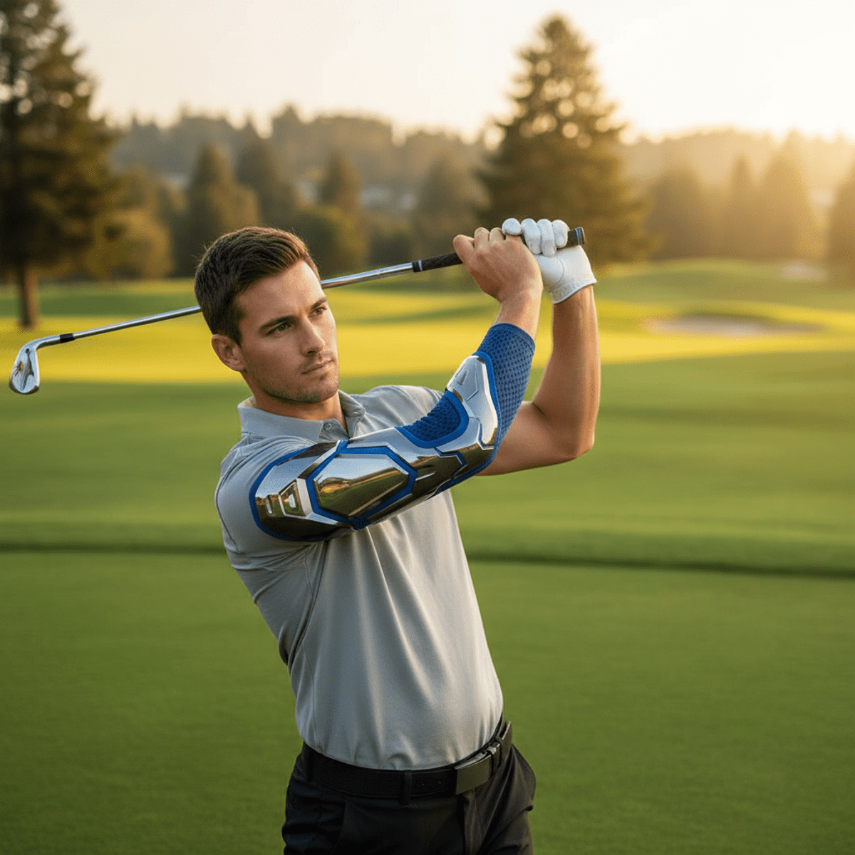 Athlete wears a sleek sport elbow brace for tendonitis during a golf swing.