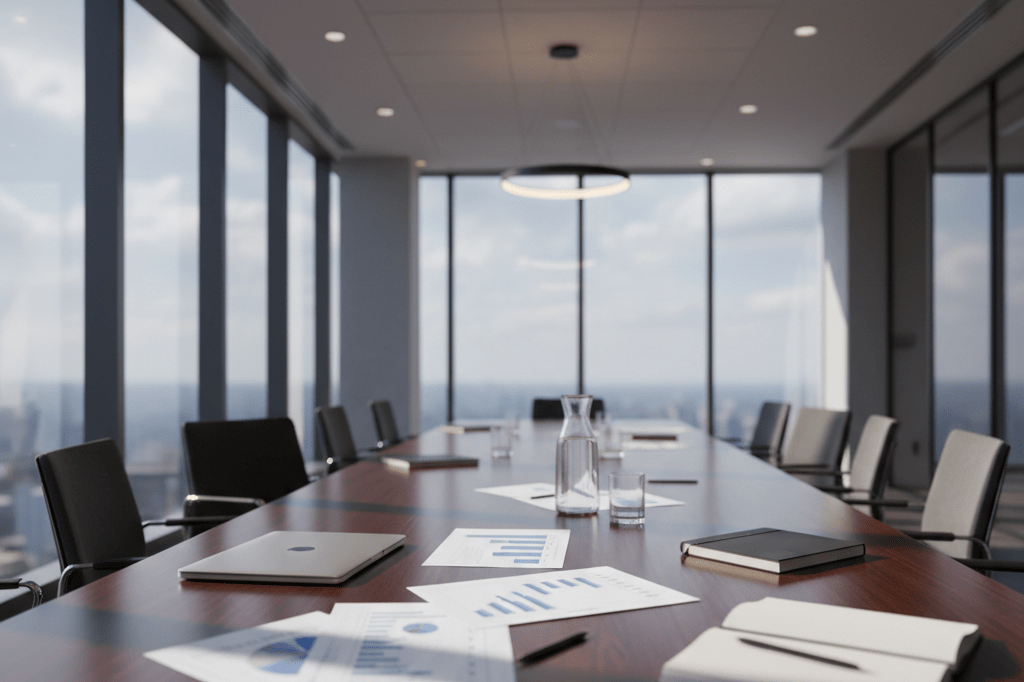 Wide shot of a modern conference table with vague charts and a laptop under natural light, representing information scarcity issues