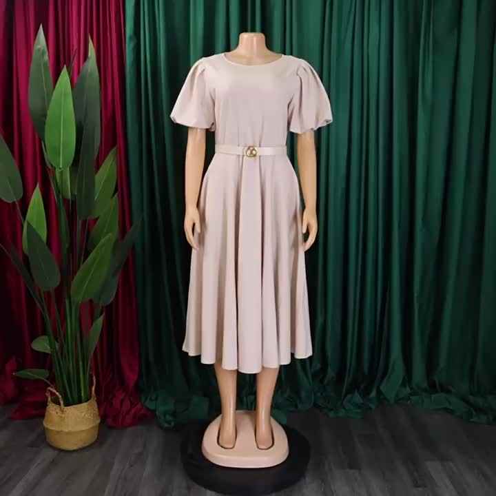 New Women Elegant A-line Dress Short Puff Sleeve Belted Pocketed Summer  Dress African Lady Midi Casual Dresses