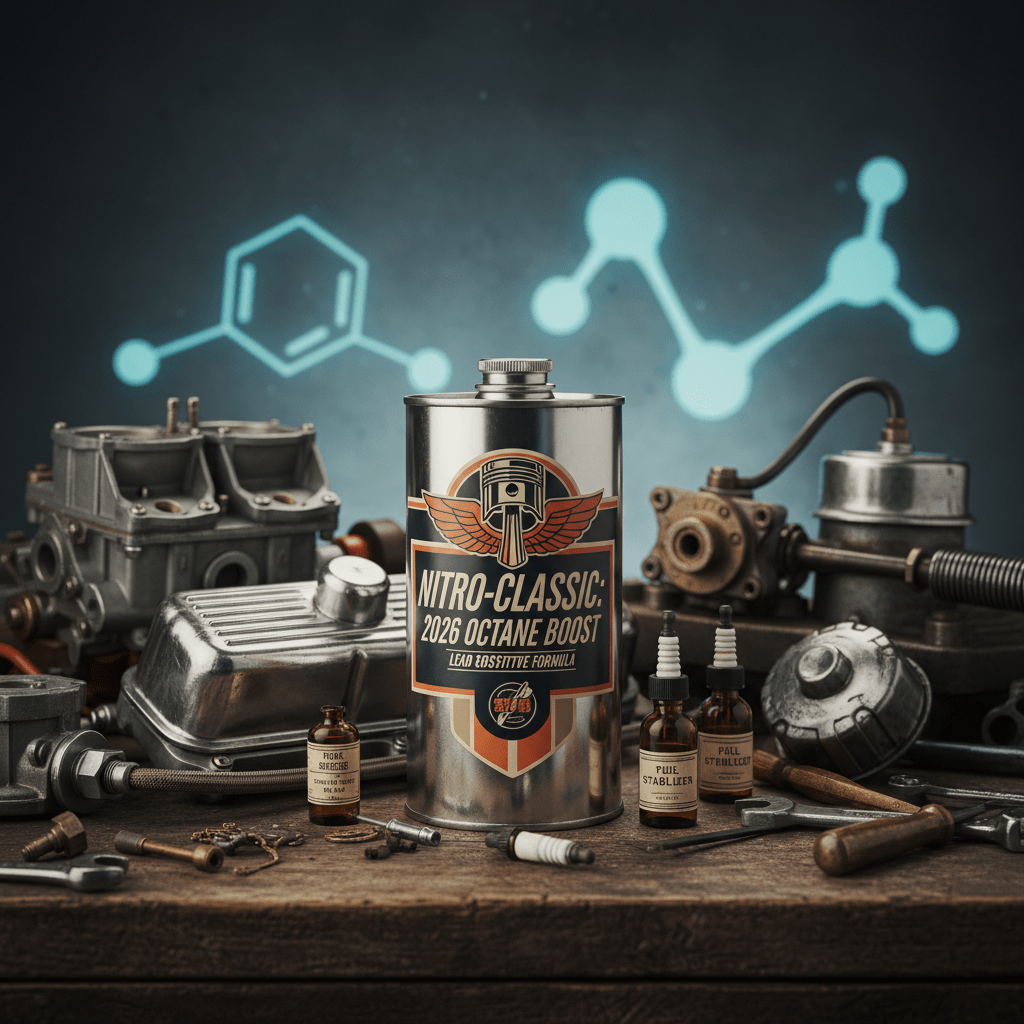 Metallic octane booster canister with retro graphics among classic engine parts.