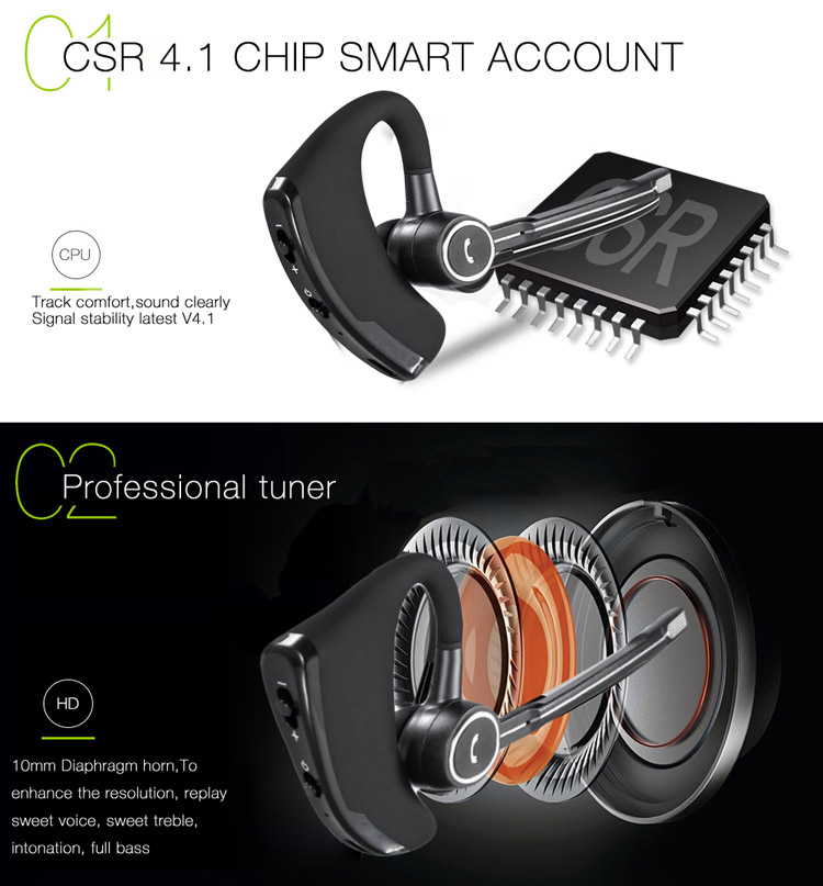 V8 V9 Stereo Smart BT4.1 Earphone Business Wireless Headset Ear-hook Headphones with Mic For phones