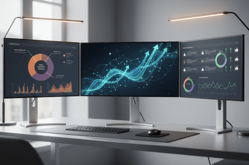 Sleek office desk with monitors displaying engagement metrics and data graphs under warm ambient light