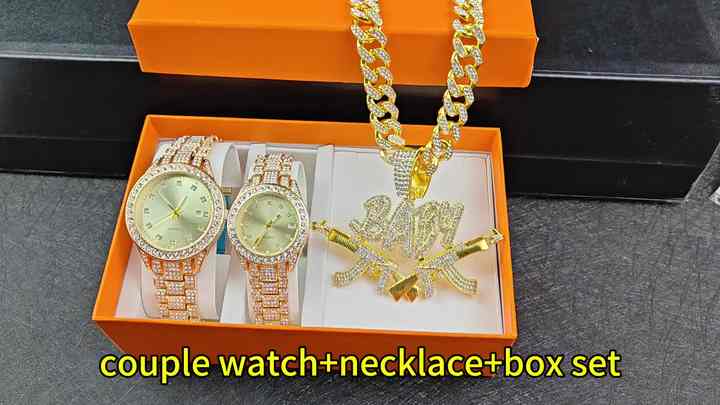 Luxury Couple Watch Set with Diamond, Box, and Necklace