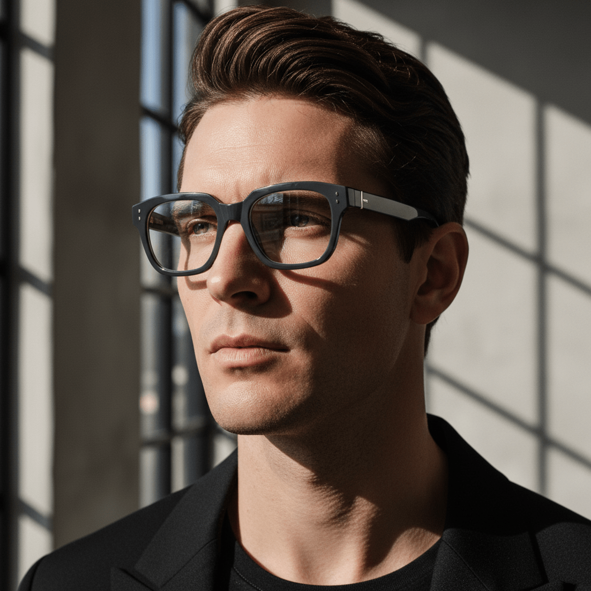 Man with angular features wearing octagonal graphite eyeglasses in a modern interior.