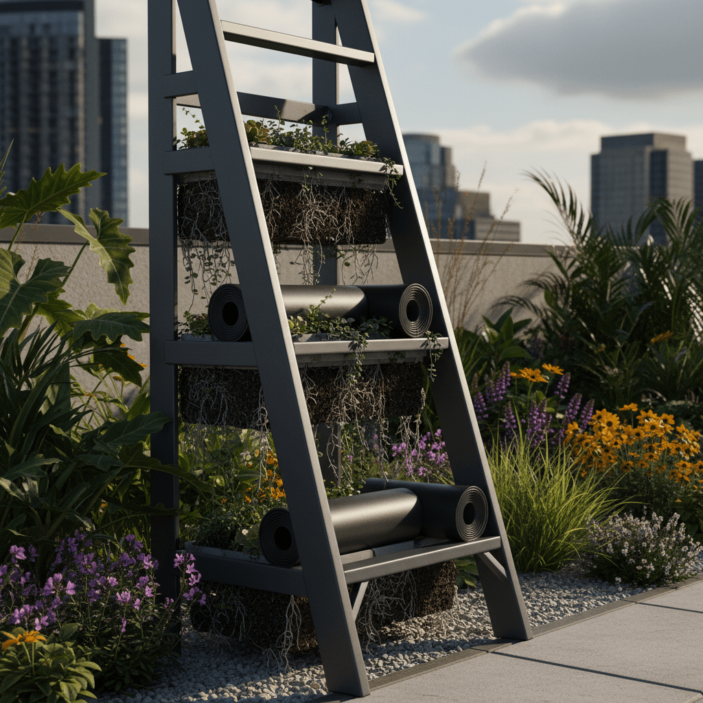 Ladder hoist on city rooftop with modular planting systems and waterproof membranes.