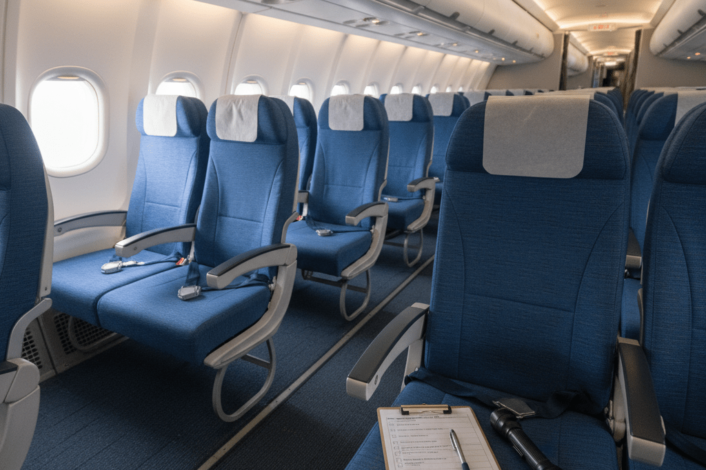Wide shot of airplane seats and inspection tools under natural lighting, highlighting aviation safety processes