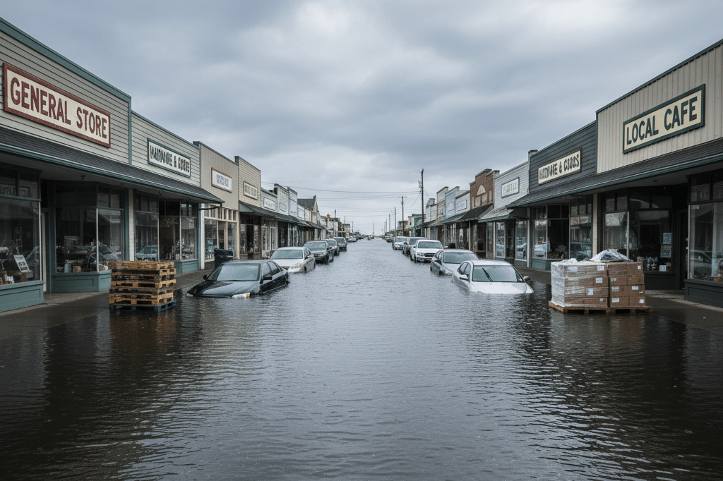 Flooded streets disrupt local business operations and supply chains Wide-angle view of a rain-flooded commercial area showing submerged cars and closed shops under natural overcast lighting