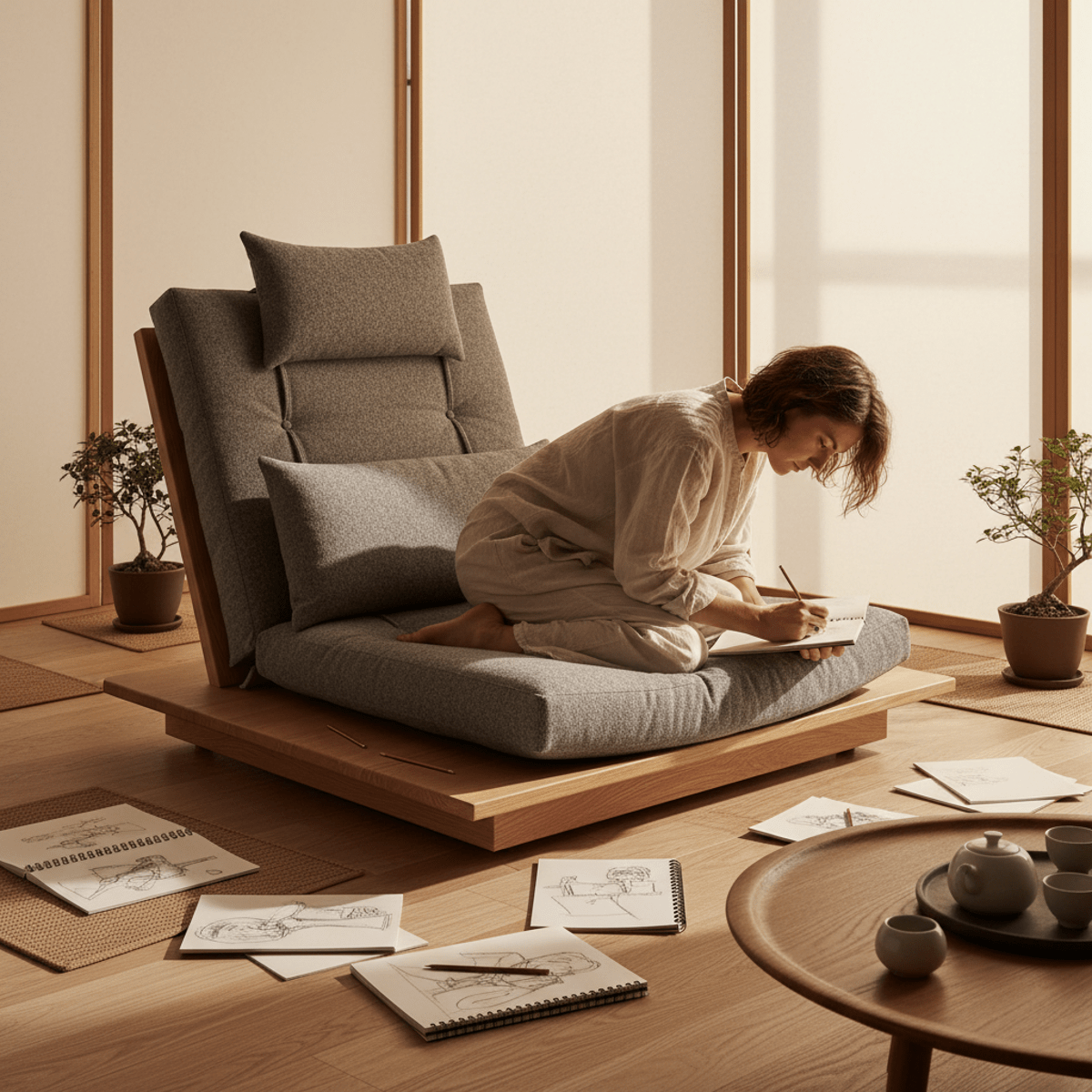 ADHD-friendly chair with lumbar support on a wooden platform in a studio.